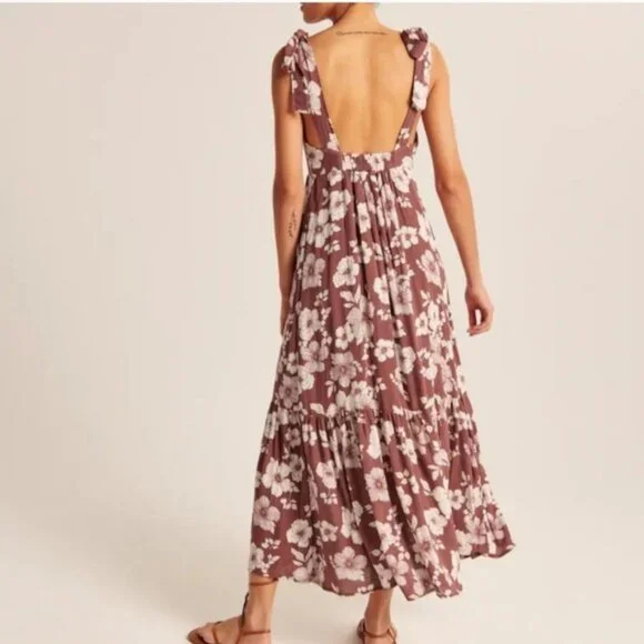 Mauve Red Brown White Floral Midi Tie Strap Abercrombie Dress - Picture 2 of 6